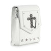 The Decorative Cross Accented Petite Crossbody Bag is a small white faux leather crossbody featuring a metal cross medallion with chain detail on the flap and five silver star studs along the bottom edge.