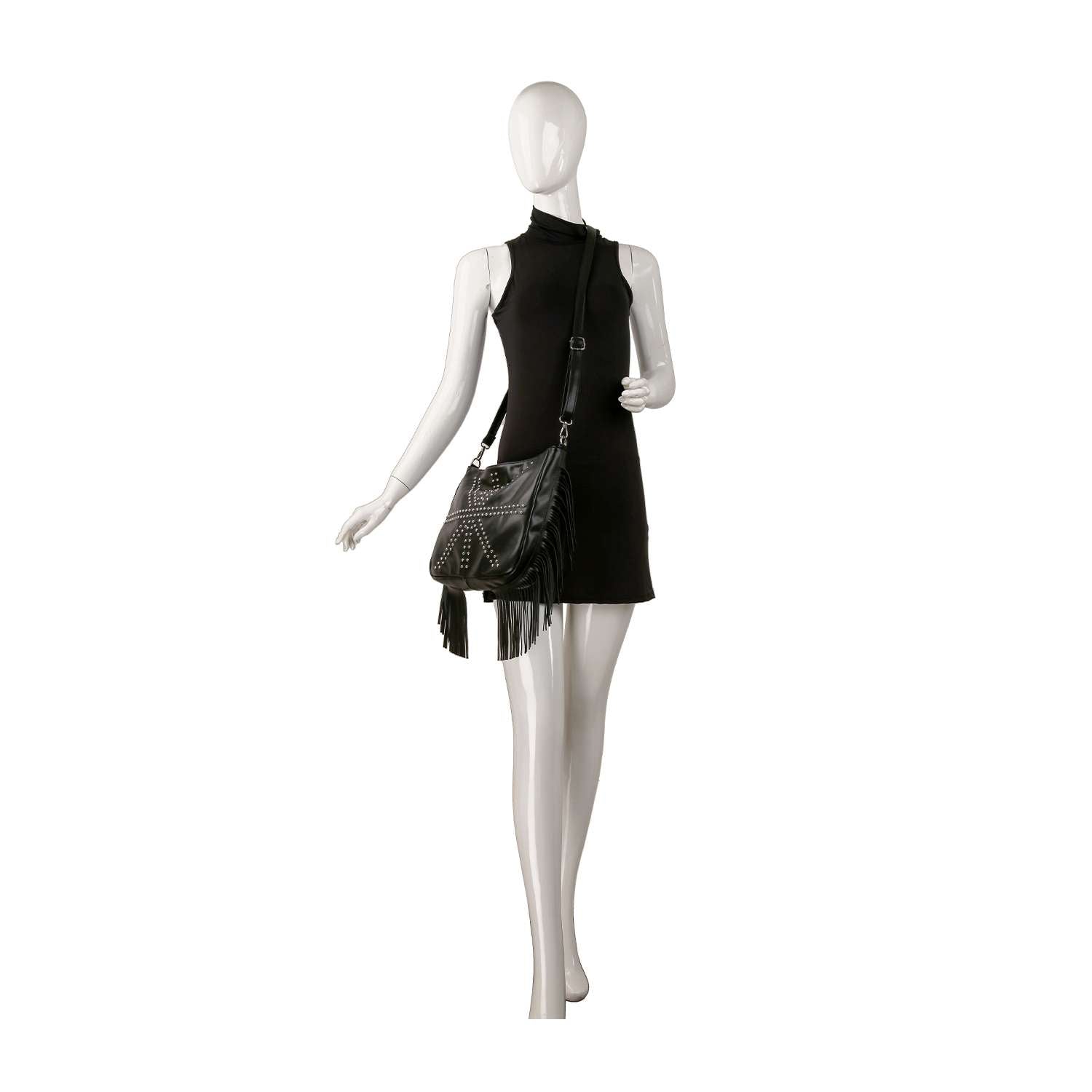 A mannequin in a sleeveless black mini dress with a high neckline holds the Modern Union Jack Studded Design Fringe Shoulder Bag.