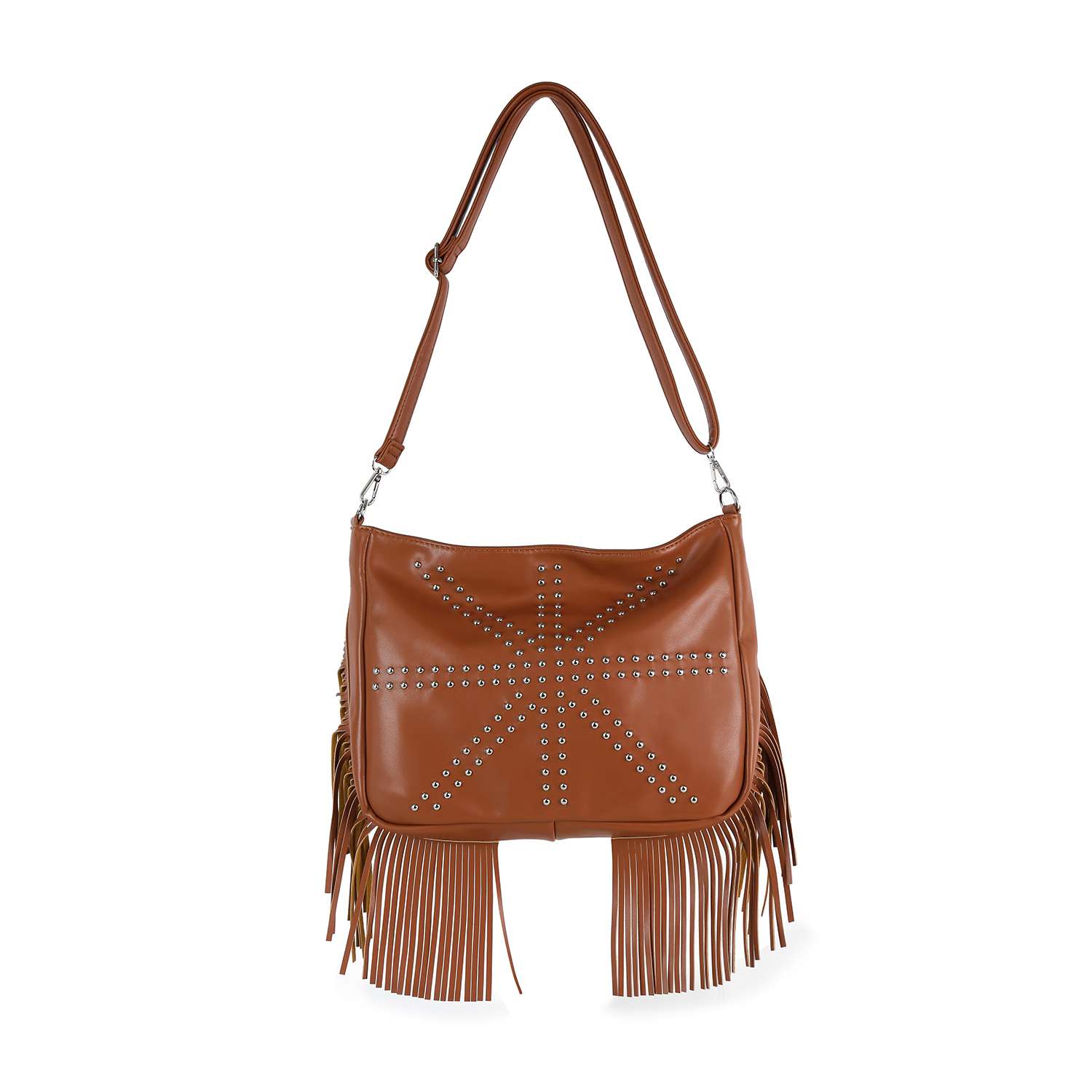 The Modern Union Jack Studded Design Fringe Shoulder Bag features brown faux leather, a long adjustable strap, silver studs in a starburst pattern, and stylish fringe detailing on the sides and bottom.