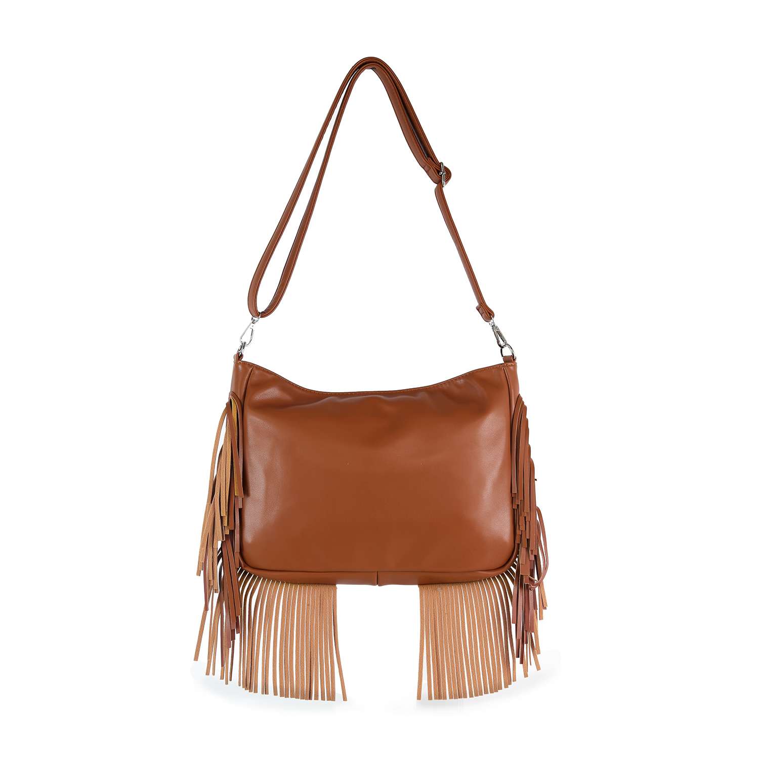 A Modern Union Jack Studded Design Fringe Shoulder Bag with fringe accents and an adjustable strap, shown against a white background.