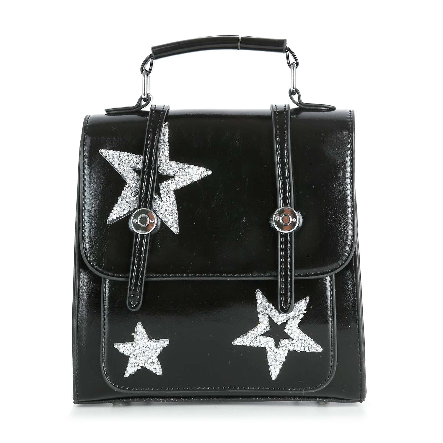 The Sparkling Star Design Petite Backpack is a black faux leather bag with a top handle, adorned with three silver star accents and secured by two round metal button clasps.