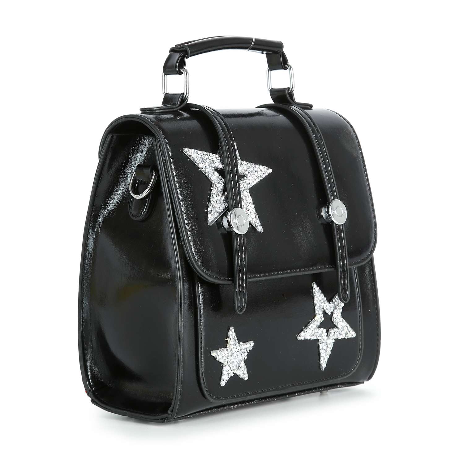 The Sparkling Star Design Petite Backpack features shiny black faux leather, a top handle, flap closure, and three silver glitter star decorations on the front.