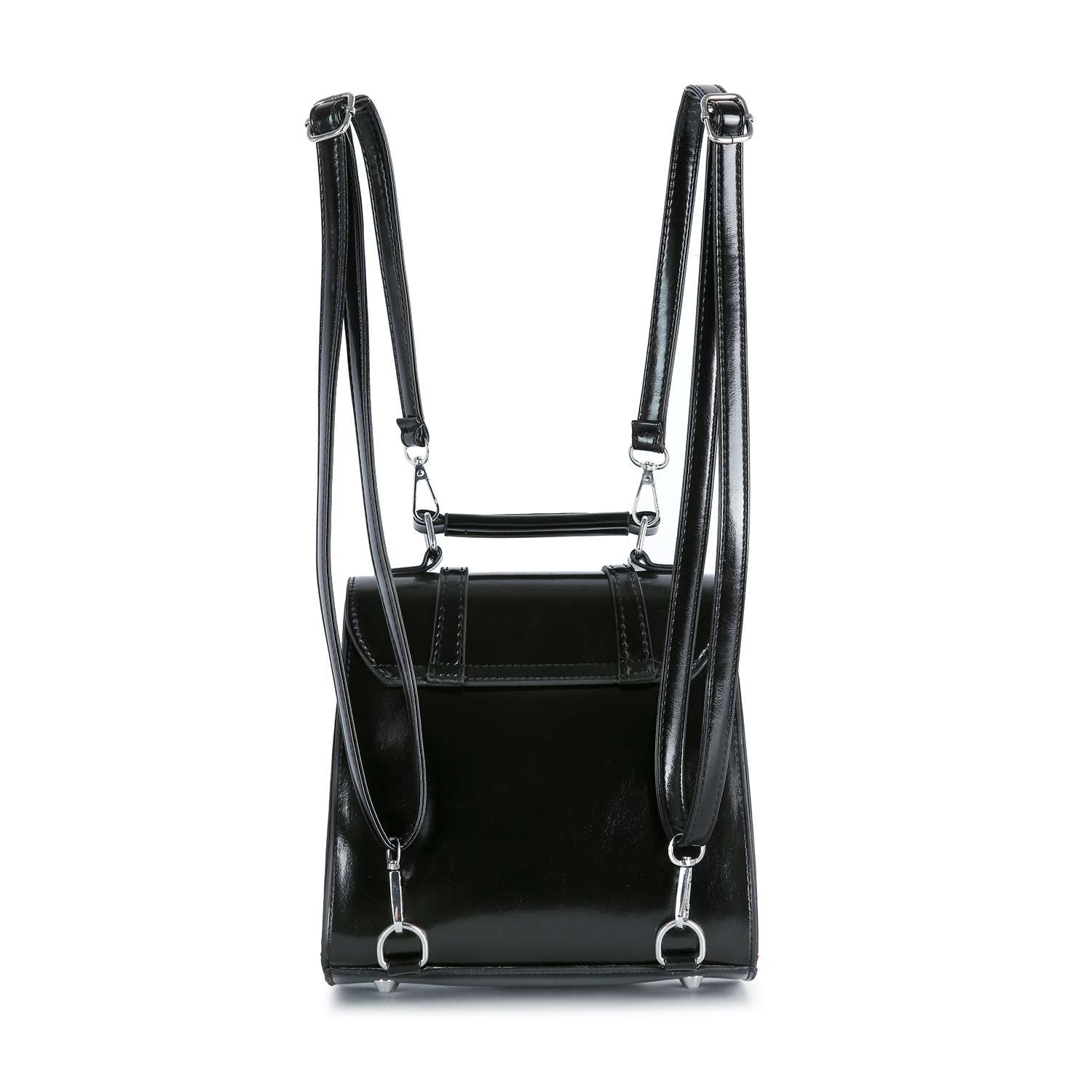 The Sparkling Star Design Petite Backpack features a shiny black faux leather finish, silver hardware, and adjustable straps, displayed upright on a white background.