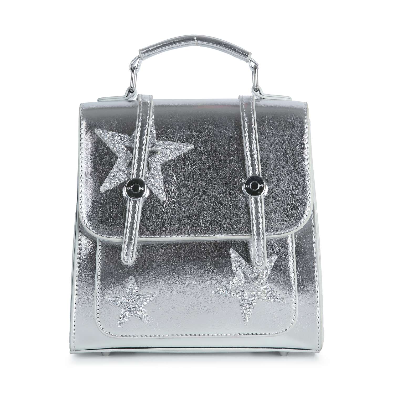 The Sparkling Star Design Petite Backpack is a metallic silver faux leather bag with a top handle, front flap, two glittery star patches, shiny buttons, and a structured modern style—perfect for adding sparkle to your look.