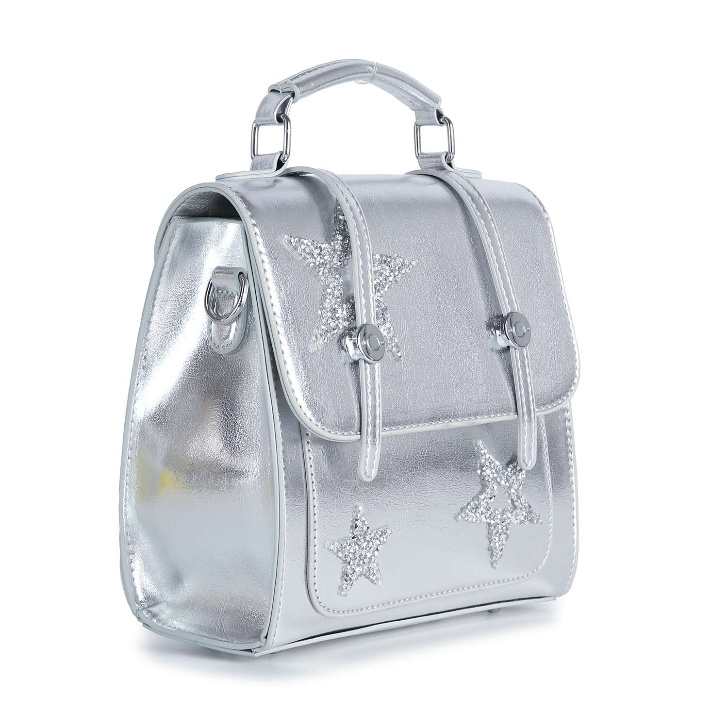 The Sparkling Star Design Petite Backpack features metallic silver shimmering faux leather, a top handle, front flap closure, and decorative sparkling star designs on the front and side.
