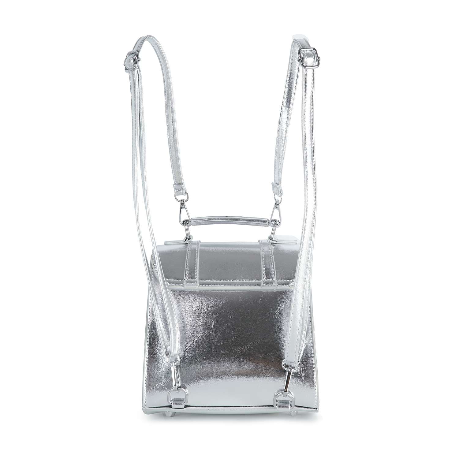 The Sparkling Star Design Petite Backpack is displayed upright with its adjustable straps extended and top handle visible. It features a metallic silver, glossy faux leather finish and has a rectangular silhouette.