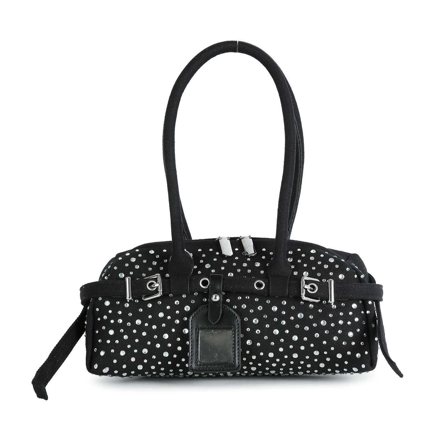 The Rhinestone Belted Hand Tote is a black shoulder bag with two handles, silver stud accents, buckle details, a zip closure, and a small rectangular tag on the front.