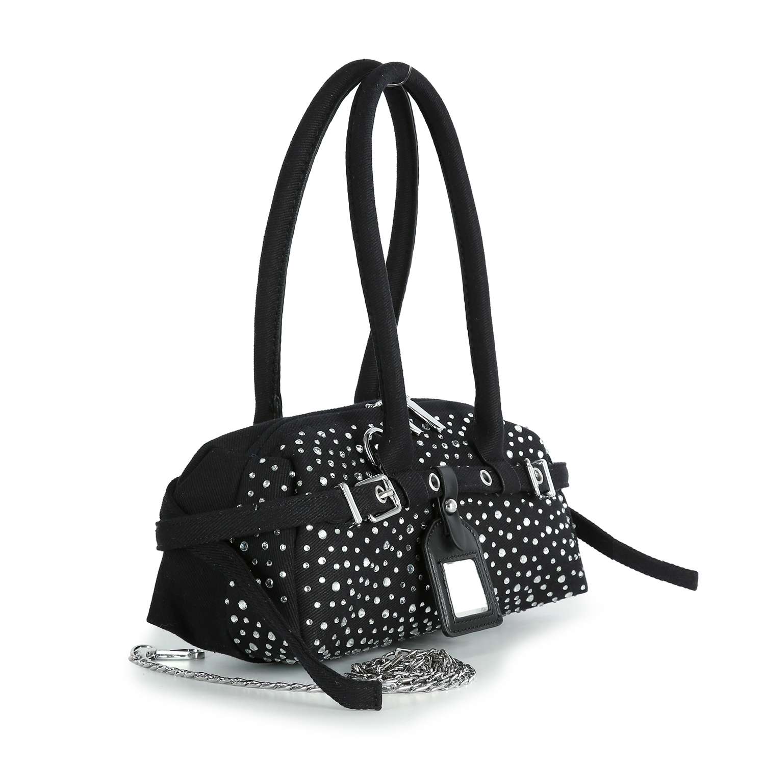 The Rhinestone Belted Hand Tote is a black shoulder bag with two handles, silver studs, a rectangular tag, and a detachable silver chain strap, shown against a white background.