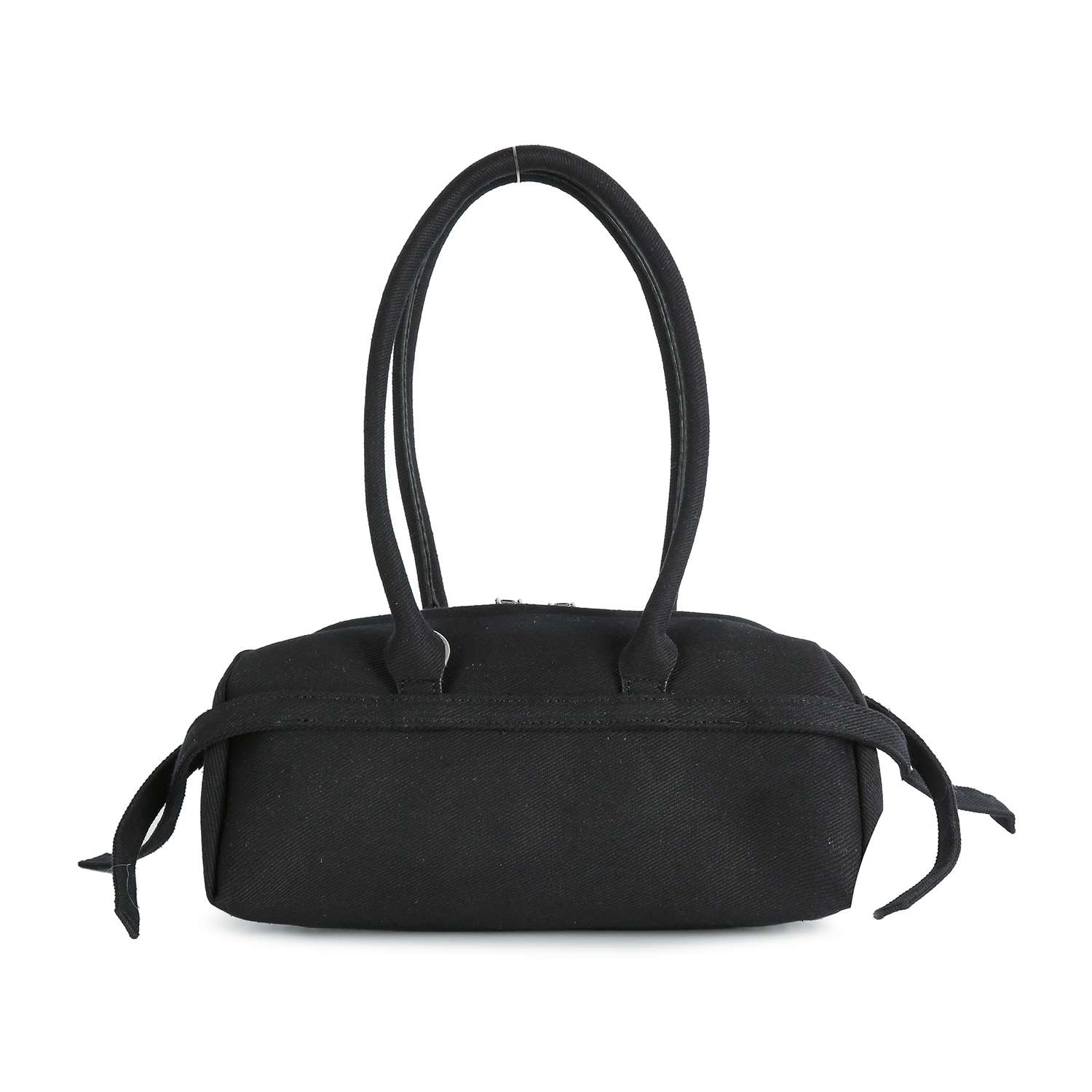 The Rhinestone Belted Hand Tote is a black handbag with two round handles and side knot details, shown against a white background.