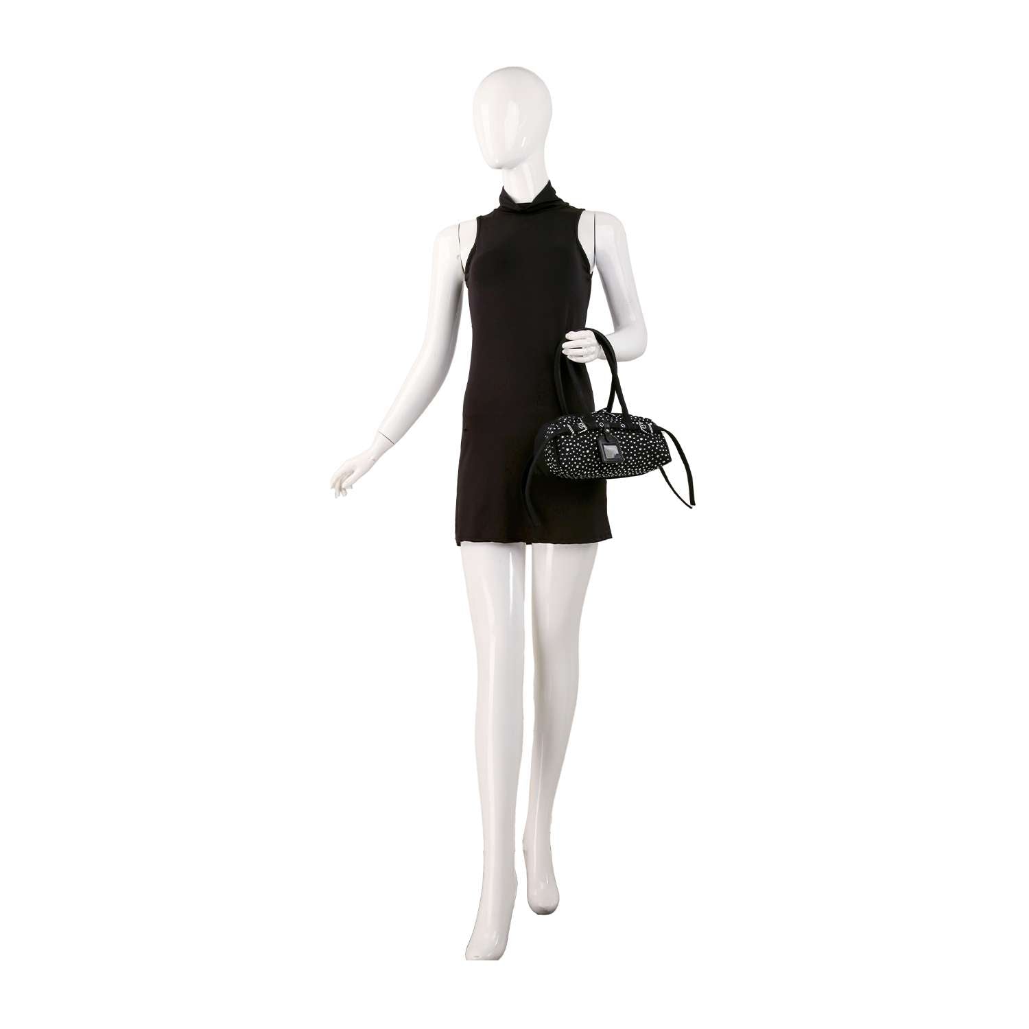 A mannequin holds the Rhinestone Belted Hand Tote while wearing a sleeveless black mini dress, set against a plain white background.