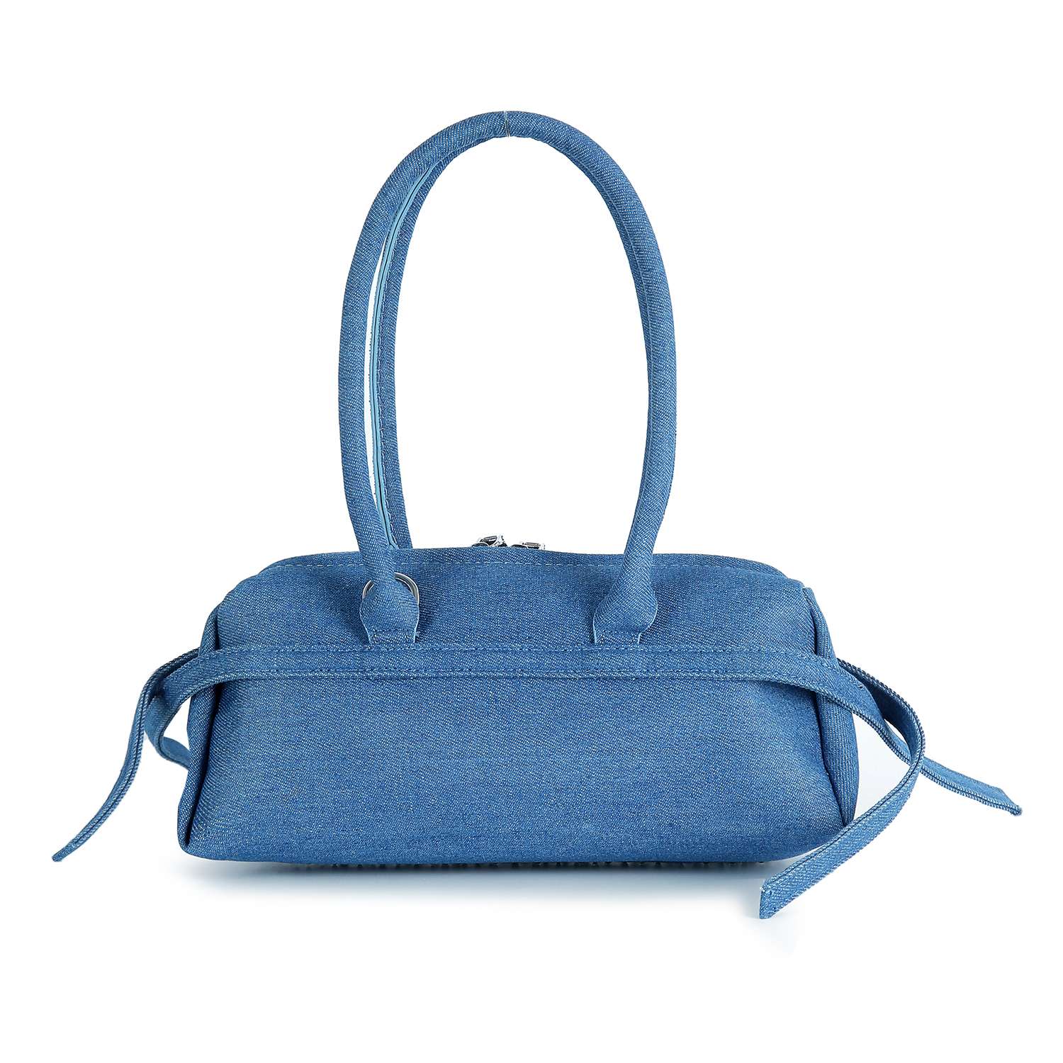 The Rhinestone Belted Hand Tote is a small blue denim bag featuring rhinestones, two rounded handles, and decorative side ties, perfect as a hand tote. Shown against a white background.