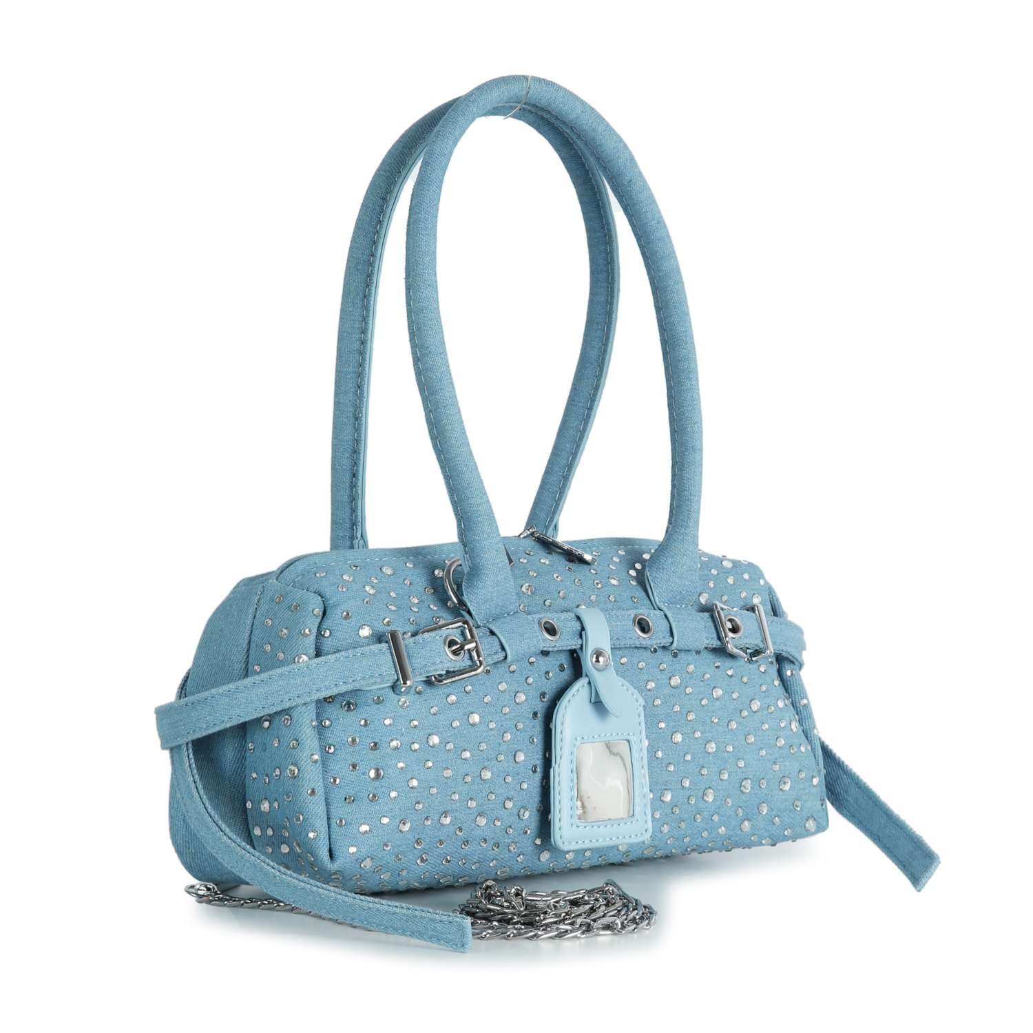 The Rhinestone Belted Hand Tote is a light blue bag with two handles, silver studs, a matching luggage tag, a stylish chain strap, and a chic rectangular shape.