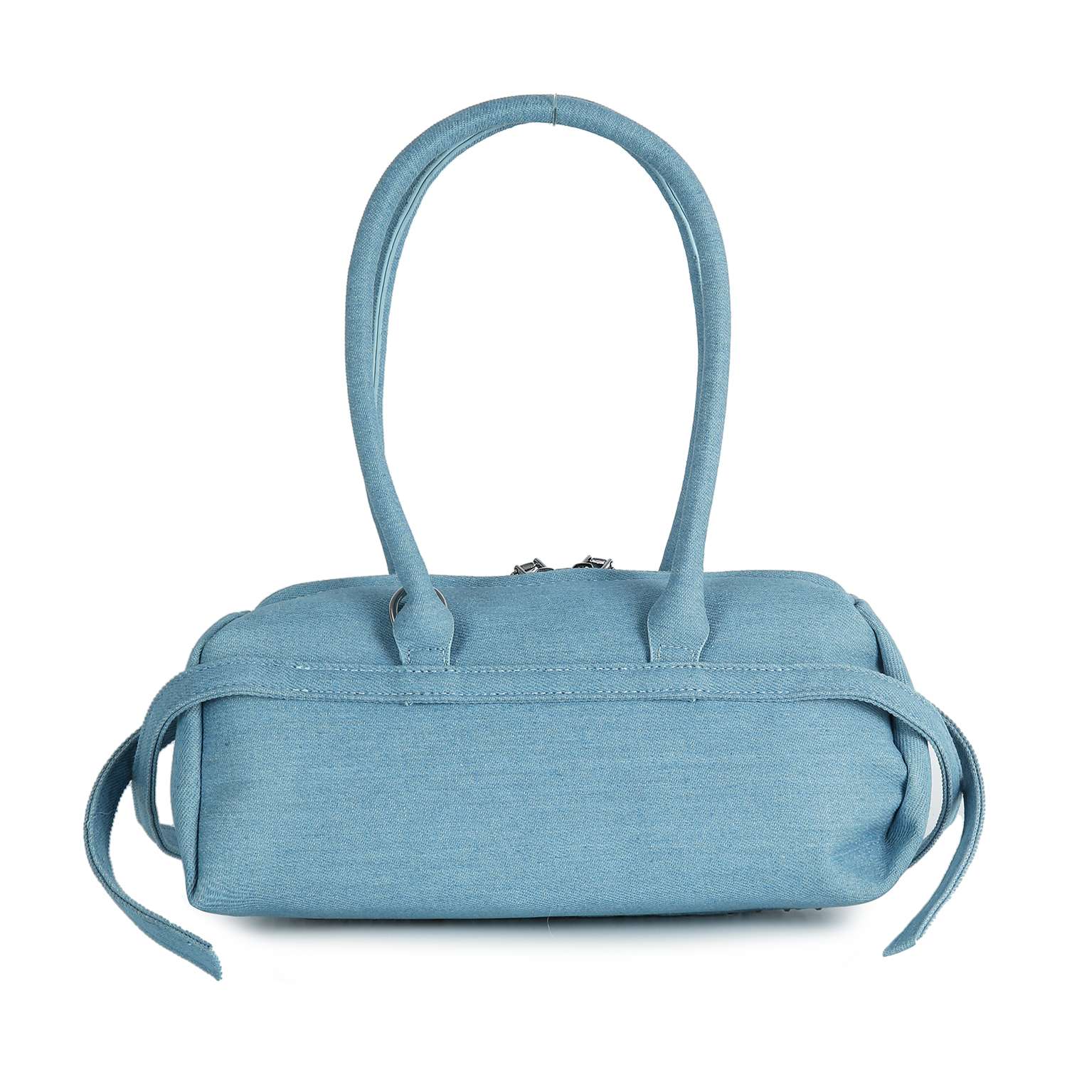 The Rhinestone Belted Hand Tote features light blue fabric, two long handles, a top zipper closure, and tied fabric accents on both sides. Its rectangular shape and soft style make it a chic, casual choice for daily use.