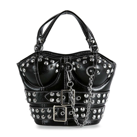 The Studded Bustier Design Petite Tote is a black faux leather handbag with a corset-inspired shape, two buckles, silver chains, and rounded bustier-style top—adding edgy style to any look.