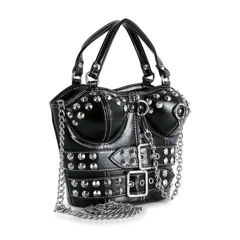 The Studded Bustier Design Petite Tote is a black corset-inspired handbag with silver studs, a center buckle, chain straps, and grommet accents for an edgy, punk style.