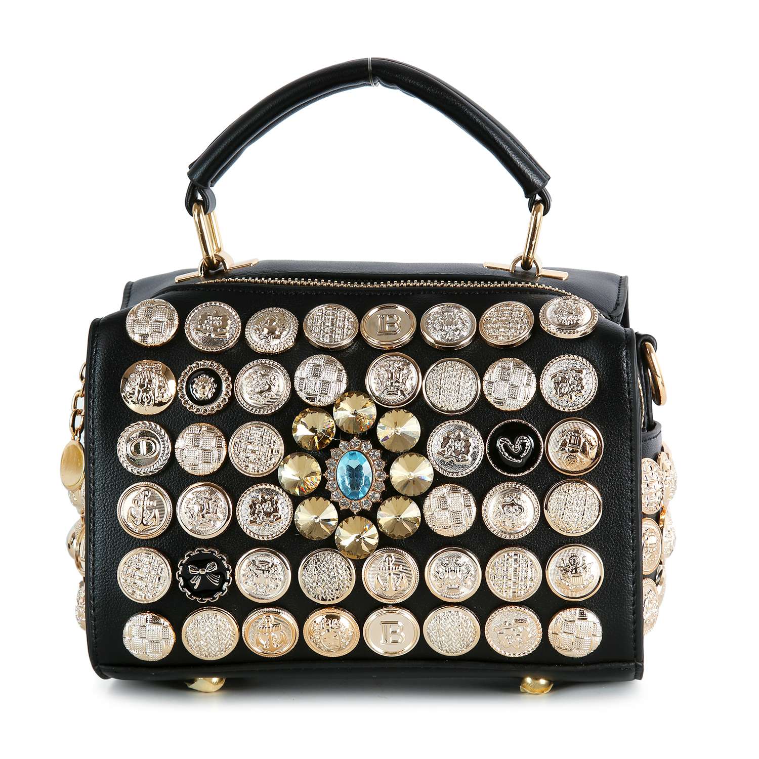 The Intricate Button Design Satchel Handbag is a black faux leather bag with gold and silver decorative coins, a central blue gem, top handle, and gold-toned hardware.