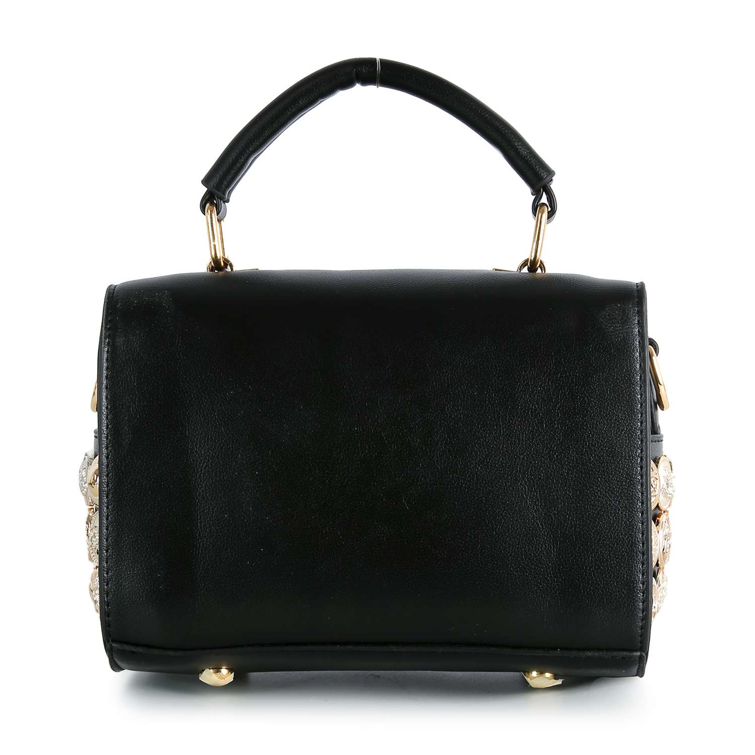 The Intricate Button Design Satchel Handbag features black faux leather, gold-toned hardware, a short handle, and side button accents. Shown against a white background.