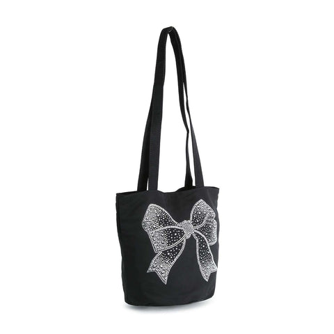 The Rhinestone Bow Design Tote Handbag features long handles, durable fabric, and a large white bow adorned with rhinestones on the front.