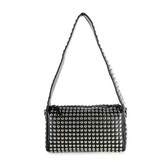 The Super Studded Hobo Handbag is a black rectangular faux leather shoulder bag with a wide strap, adorned with shiny silver studs on the front, strap, and sides. It features a top zipper closure for added security.