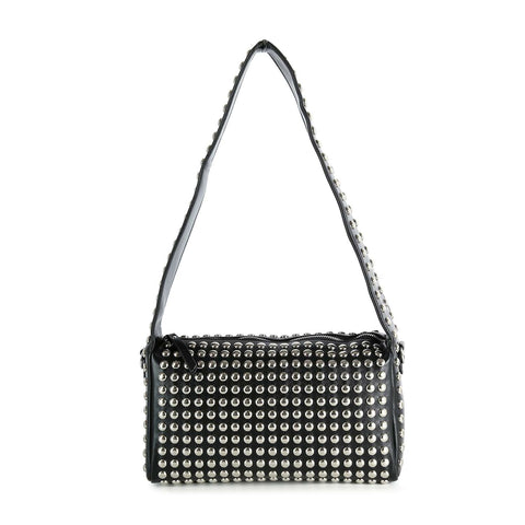 The Super Studded Hobo Handbag is a black rectangular faux leather shoulder bag with a wide strap, adorned with shiny silver studs on the front, strap, and sides. It features a top zipper closure for added security.