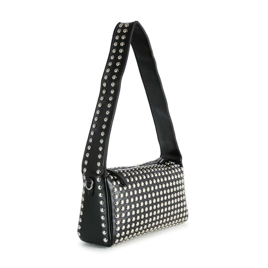 The Super Studded Hobo Handbag is a black faux leather shoulder bag with a wide strap, both accented by rows of silver studs, shown on a plain white background.