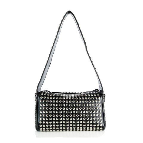The Super Studded Hobo Handbag is a black faux leather shoulder bag with a rectangular shape, featuring shiny silver studs on the front and strap, displayed against a plain white background.