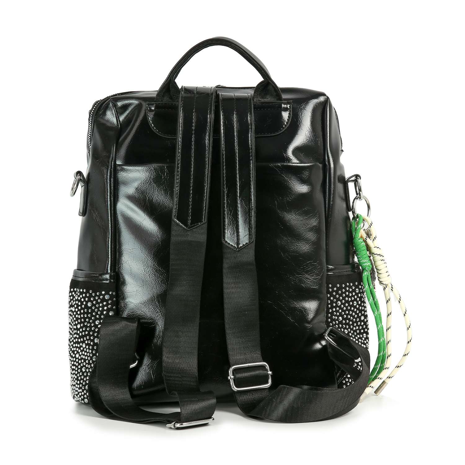 The Glamorous Stone Design Fashion Backpack, in black shiny faux leather with adjustable straps, dot-patterned side pockets, and a green-white rope keychain on one side, is pictured from the back—ideal for campus style.