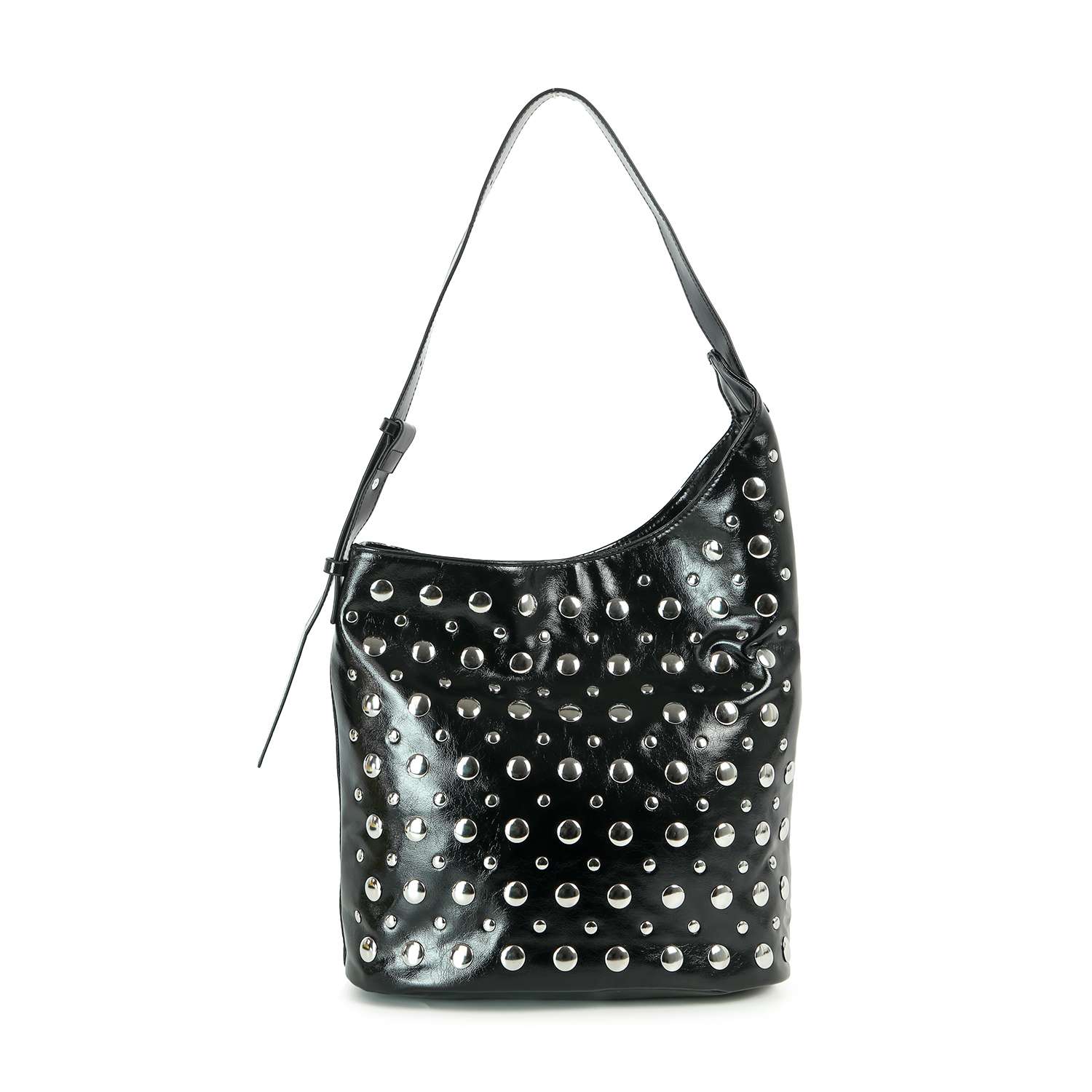 The Patent Unique Hobo Design Handbag is a shiny black faux leather bag with a single shoulder strap, featuring multiple rows of round silver grommets on the front.