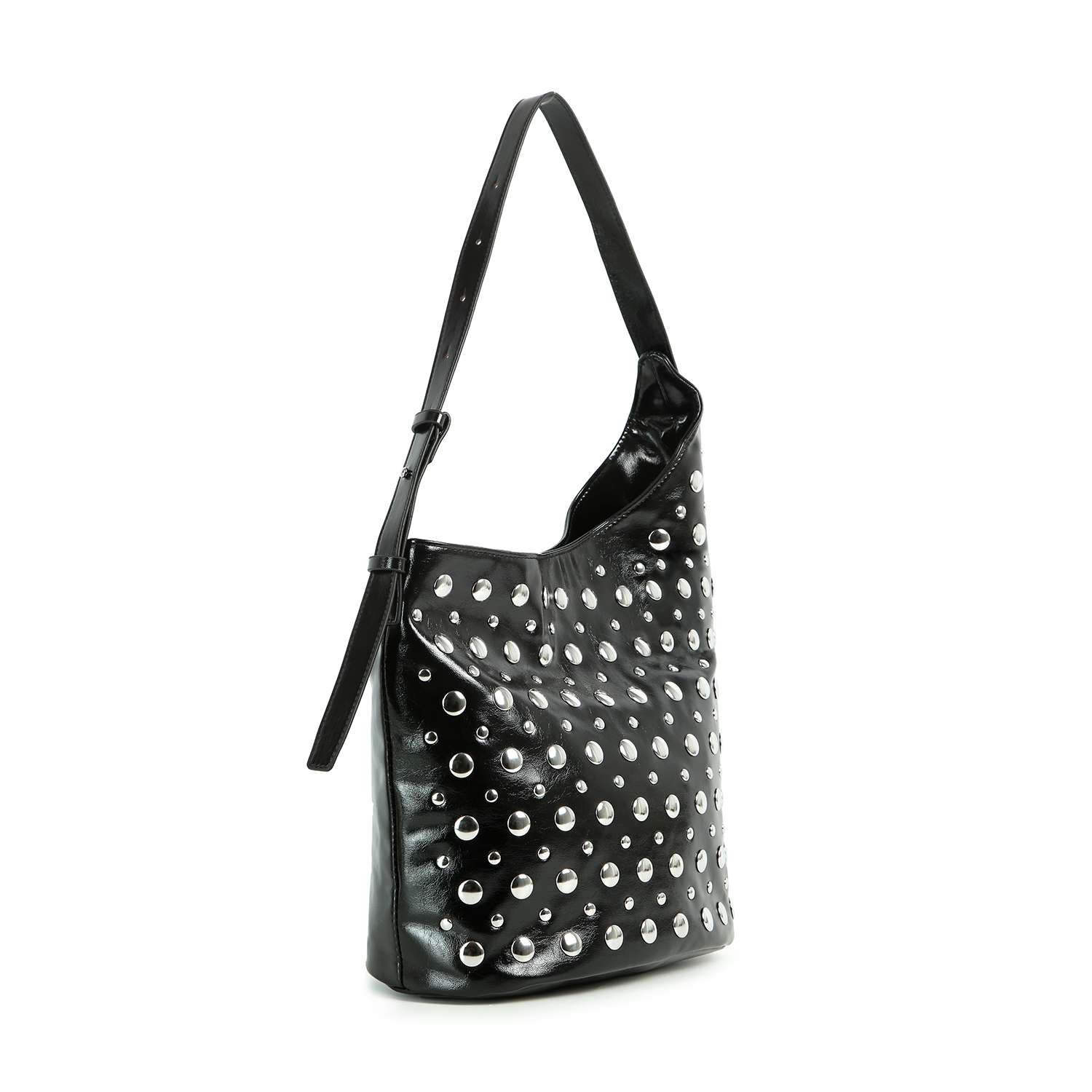 The Patent Unique Hobo Design Handbag features black faux leather, a single strap, and shiny silver studs in neat rows. Its slouchy, relaxed silhouette adds effortless style to this studded hardware bag.