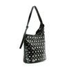The Patent Unique Hobo Design Handbag features black faux leather, a single strap, and shiny silver studs in neat rows. Its slouchy, relaxed silhouette adds effortless style to this studded hardware bag.