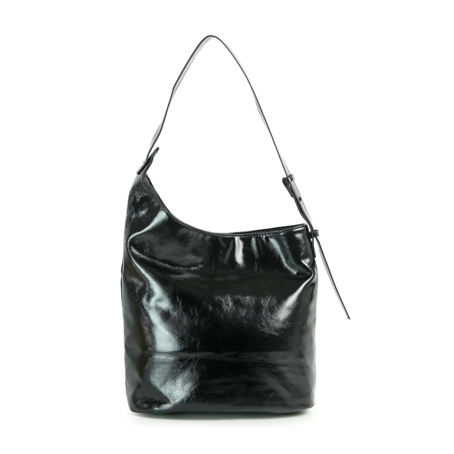 The Patent Unique Hobo Design Handbag is a shiny black large purse with a slouchy design, single adjustable strap, and slightly textured surface, displayed against a white background.
