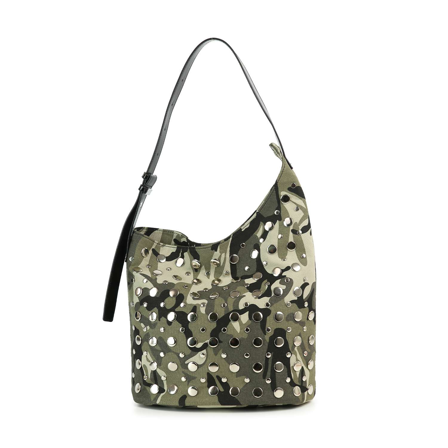 The Camo Print Unique Hobo Design Handbag features faux leather in a camouflage pattern, silver grommets, studded hardware, and a black adjustable strap.