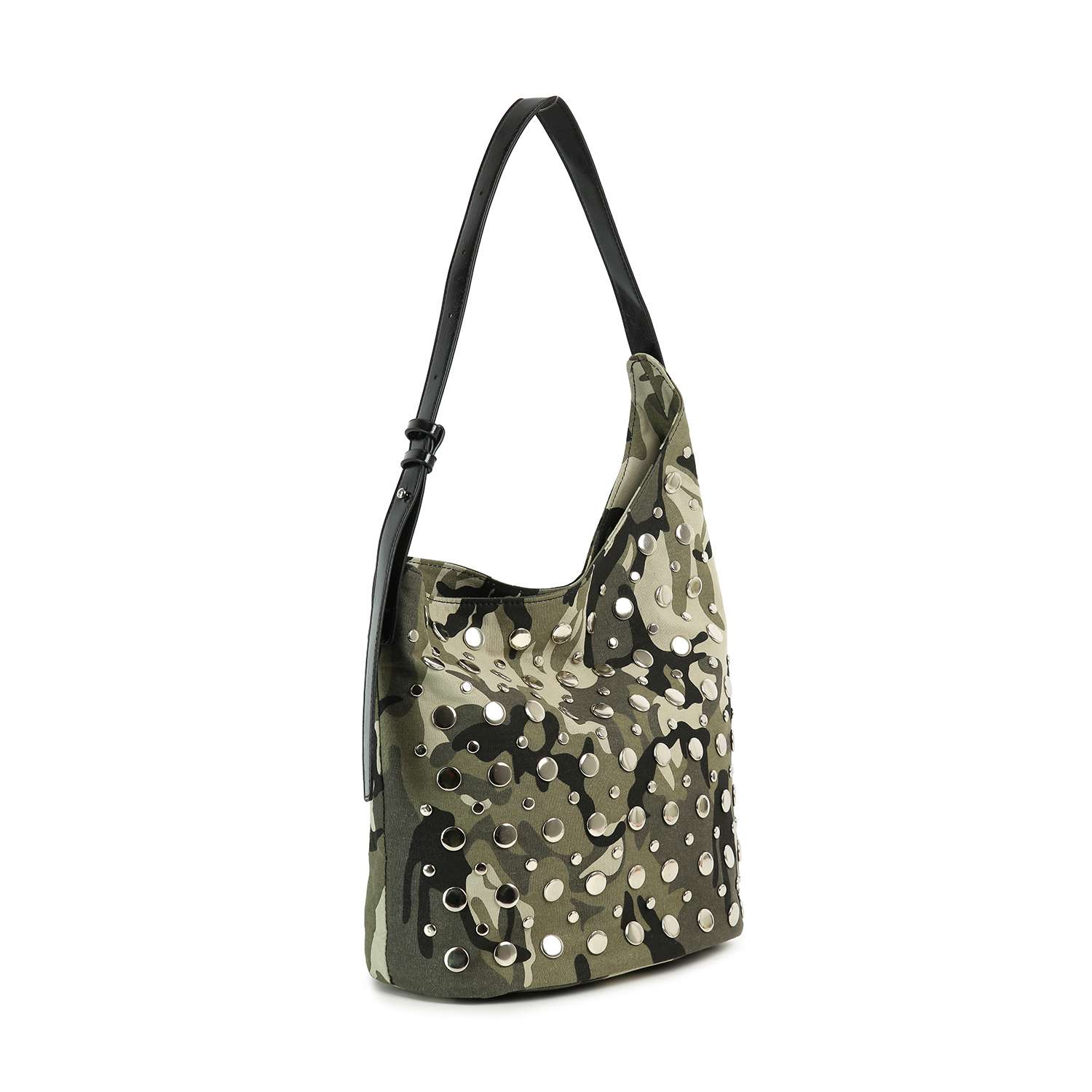 The Camo Print Unique Hobo Design Handbag features a camouflage print, large silver grommet studs in rows on the lower half, studded hardware, and a black adjustable strap. Its faux leather, slouchy shape offers effortless style.