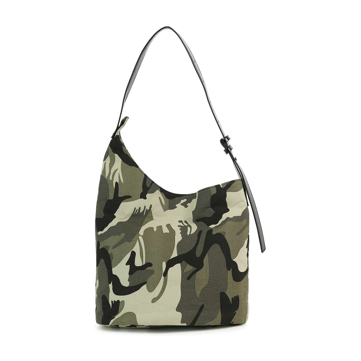 The Camo Print Unique Hobo Design Handbag features a green, brown, and beige camouflage faux leather exterior, a single adjustable black strap, and a slouchy casual shape.