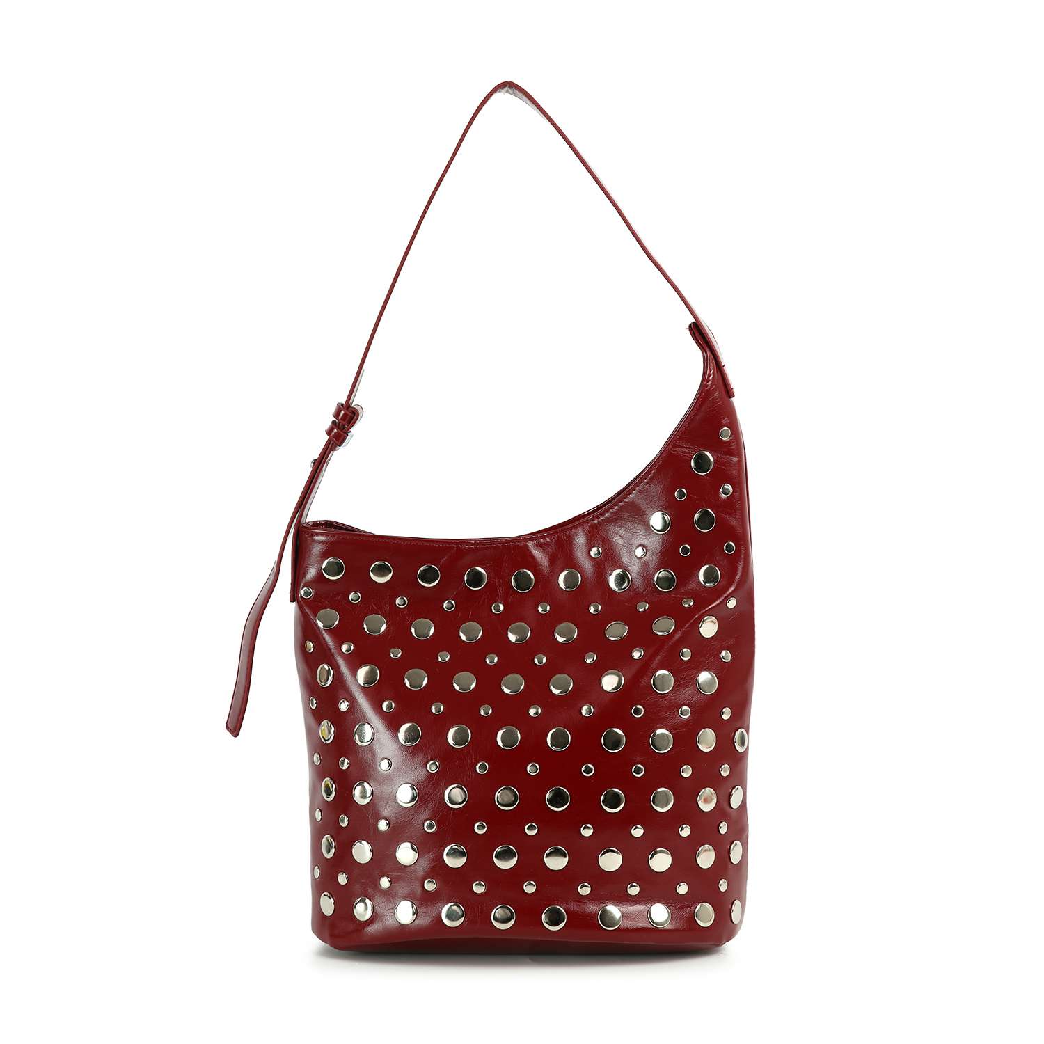 The Patent Unique Hobo Design Handbag is a glossy deep red faux leather bag with a single strap and multiple rows of silver circular studs on the front for a bold, modern style.