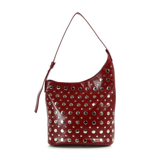 The Patent Unique Hobo Design Handbag is a glossy deep red faux leather bag with a single strap and multiple rows of silver circular studs on the front for a bold, modern style.