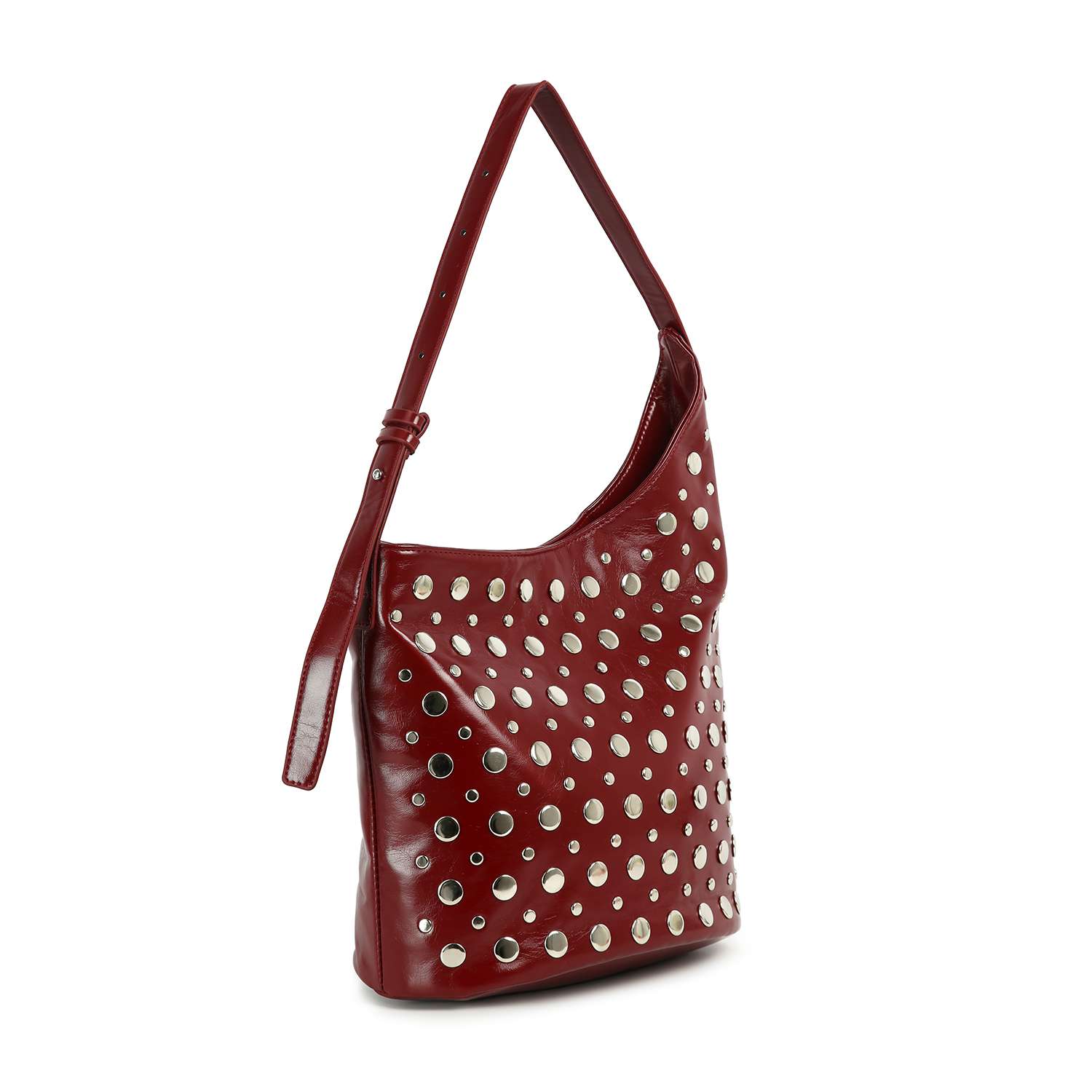 The Patent Unique Hobo Design Handbag is a red faux leather bag with a single strap, featuring bold hardware flair from multiple rows of large silver grommets on the front.