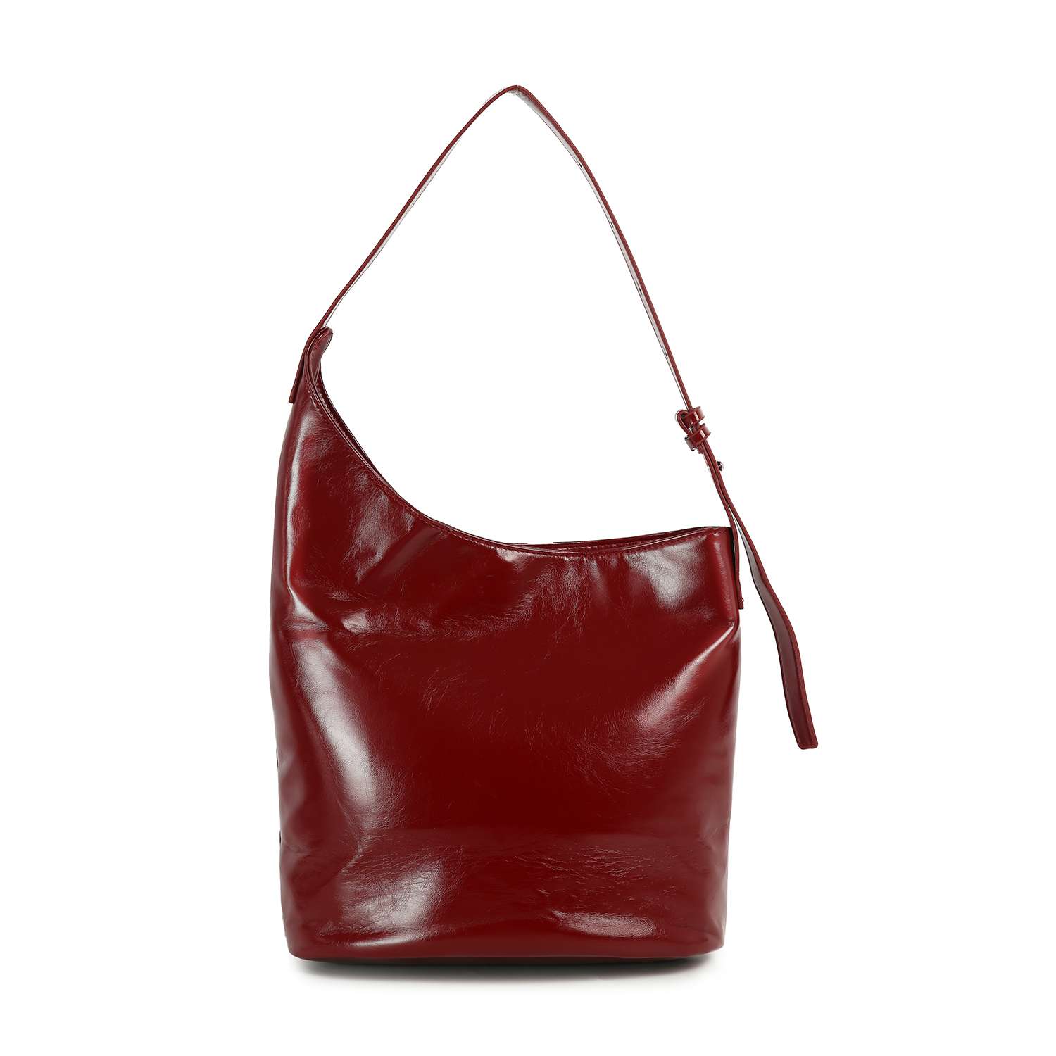 The Patent Unique Hobo Design Handbag is a shiny, deep red faux leather bag with a single wide strap and a slouchy, relaxed shape. The large hobo purse stands upright against a plain white background.