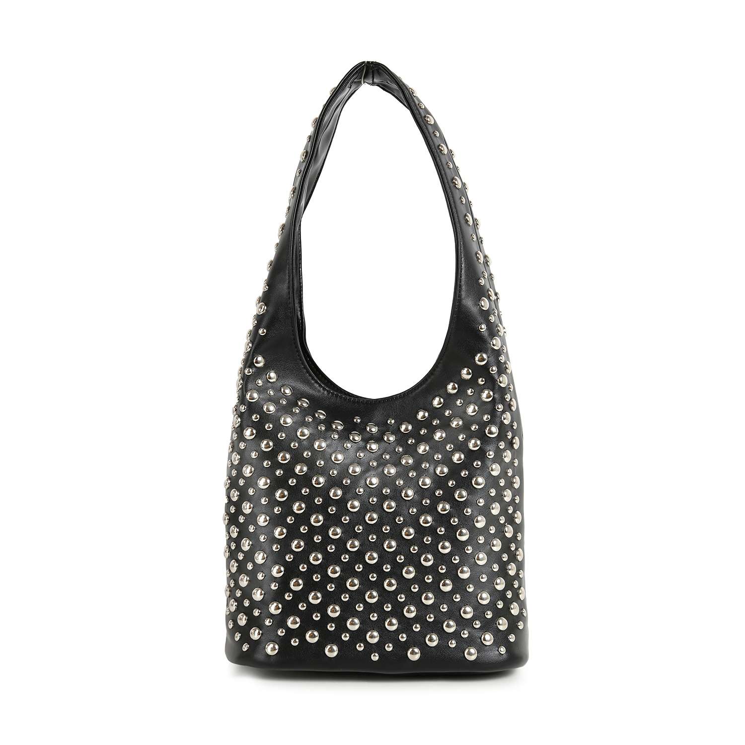 The Super Studded Hobo Handbag is a black faux leather hobo bag with a single strap, adorned with rows of silver metallic studs and displayed against a white background.