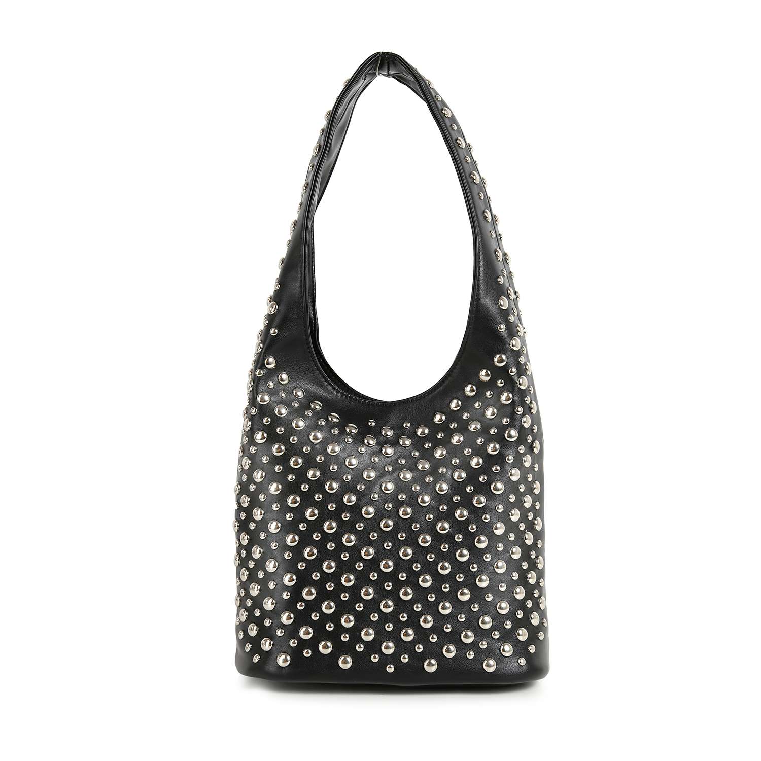 The Super Studded Hobo Handbag is a black faux leather shoulder bag with a single strap, featuring shiny silver studs arranged in an eye-catching pattern.