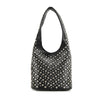 The Super Studded Hobo Handbag is a black faux leather shoulder bag with a single strap, featuring shiny silver studs arranged in an eye-catching pattern.