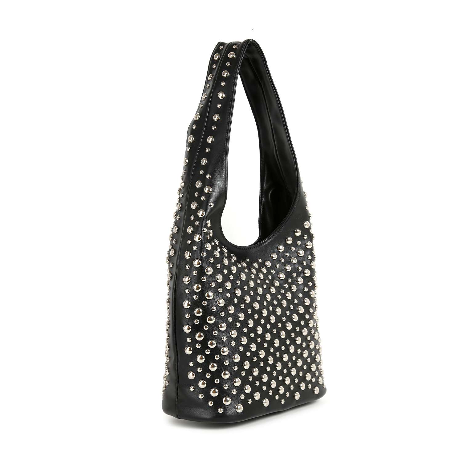 The Super Studded Hobo Handbag is a black faux leather shoulder bag featuring a single strap and silver-tone metal studs neatly arranged in rows across the front, side, and strap.