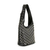 The Super Studded Hobo Handbag is a black faux leather shoulder bag featuring a single strap and silver-tone metal studs neatly arranged in rows across the front, side, and strap.
