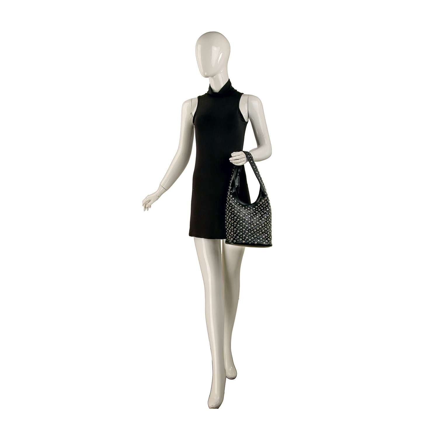 A mannequin in a sleeveless short black dress holds the Super Studded Hobo Handbag in its left hand, posed against a plain white background.