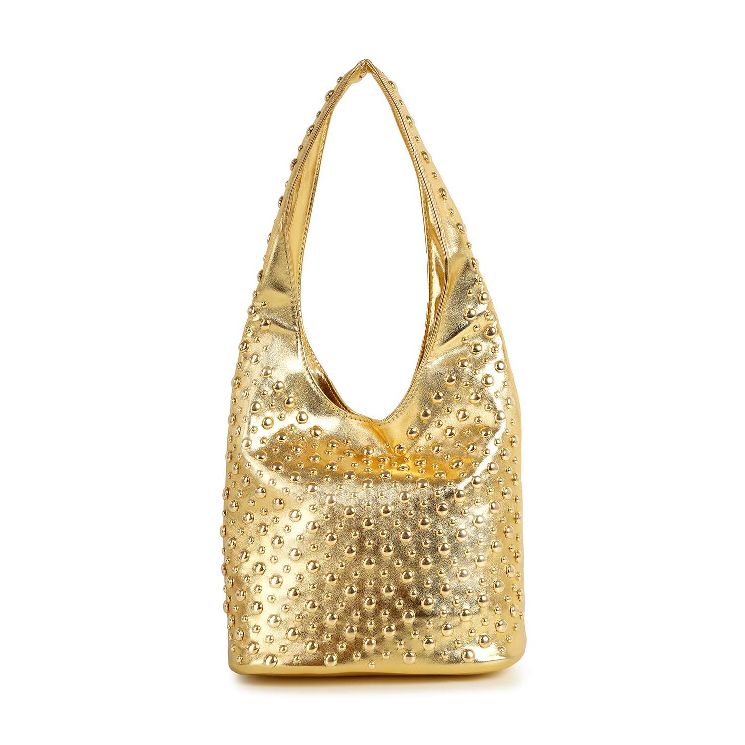 The Super Studded Hobo Handbag is a shiny gold faux leather shoulder bag with a single strap and small round stud embellishments, displayed against a white background.