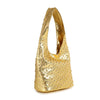 The Super Studded Hobo Handbag is a shiny gold faux leather shoulder bag with a single strap, featuring small round gold studs evenly distributed across its surface.