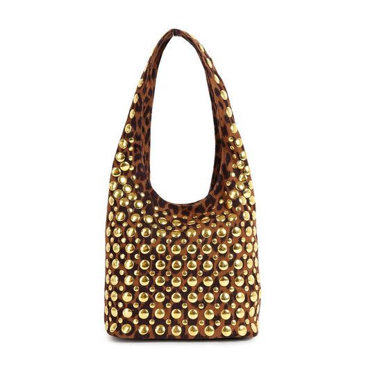 The Leopard Print Super Studded Hobo Handbag is a brown faux leather shoulder bag with a single strap, featuring bold leopard print and large shiny gold studs on the front.
