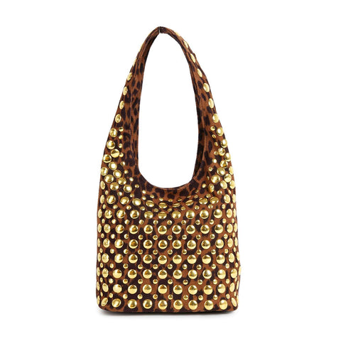 The Leopard Print Super Studded Hobo Handbag is a brown faux leather shoulder bag with a single strap, featuring bold leopard print and large shiny gold studs on the front.