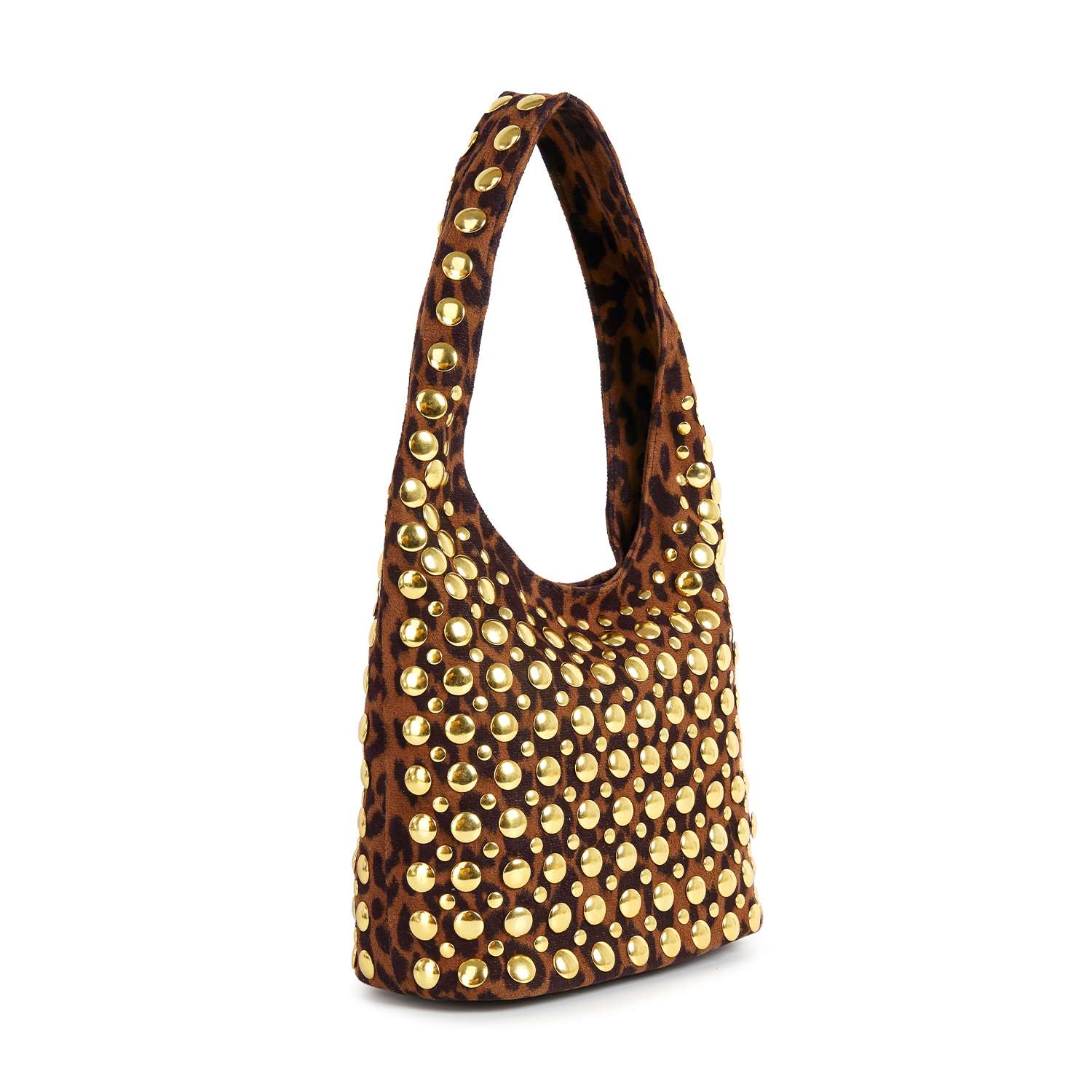 The Leopard Print Super Studded Hobo Handbag features a brown faux leather body with a wide shoulder strap and bold gold studs set in a grid pattern over the entire leopard-print surface.
