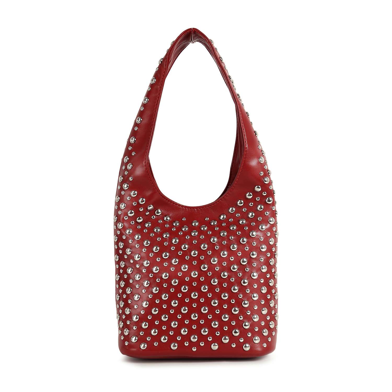 The Super Studded Hobo Handbag is a bold red faux leather shoulder bag with a single strap, decorated with evenly spaced silver studs and shown against a white background.